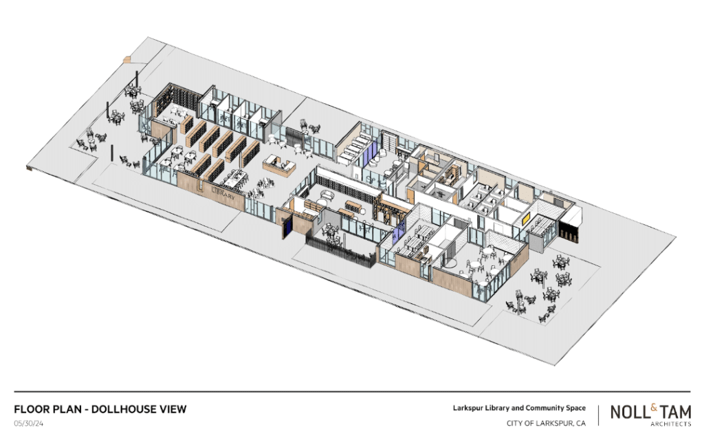 Isometric dollhouse view of Larkspur Library and Community Space floor plan, showing various rooms, bookshelves, tables, seating areas, and meeting spaces. Glass walls and open areas are visible throughout the layout.