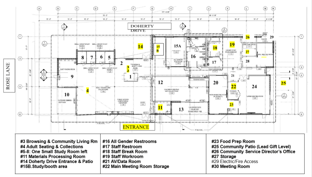 Floor plan of a building labeled with numbered rooms for various uses, including restrooms, meeting rooms, storage, food prep, staff areas, reading, adult seating, and entrances from Doherty Drive and Rose Lane.